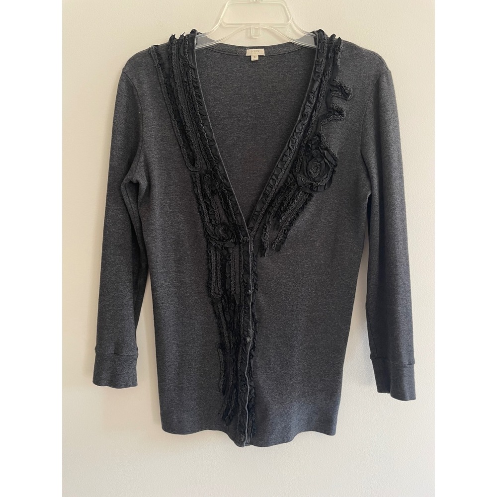 J.Crew Womens Charcoal Gray Ruffle Floral Applique V-Neck Button Cardigan Small